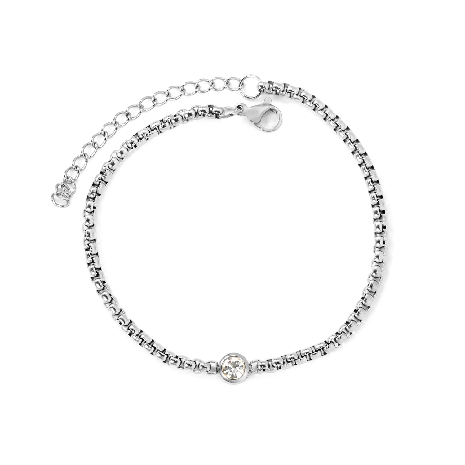 Silver Box Chain Crystal Solitaire Bracelet