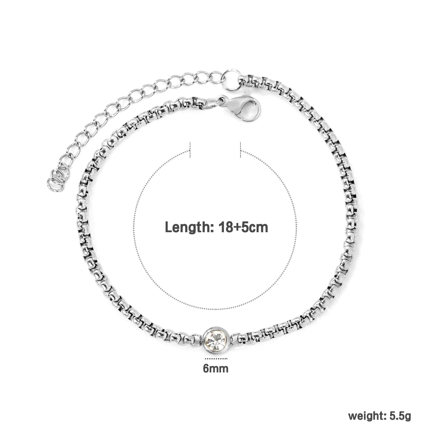 Silver Box Chain Crystal Solitaire Bracelet