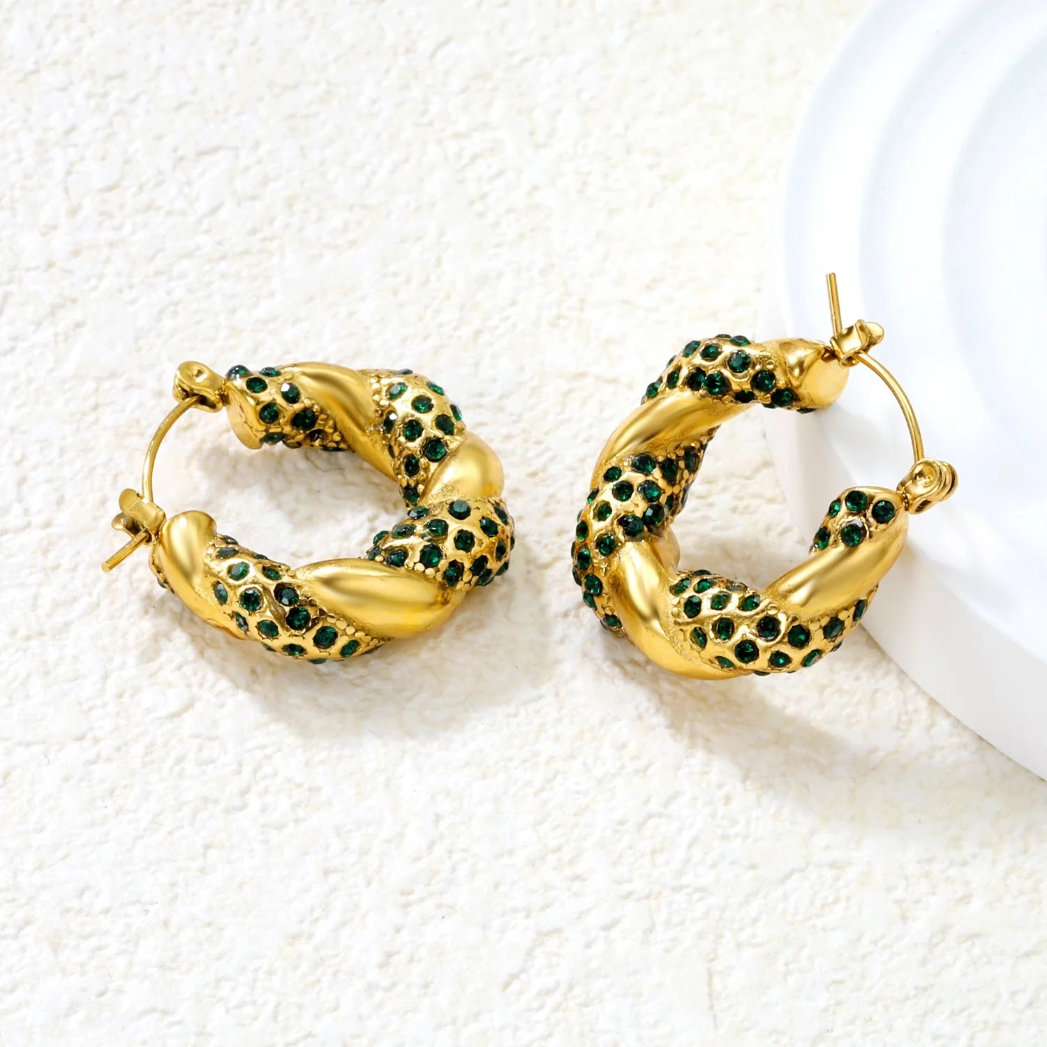 Emerald Twisted Hoop Earrings