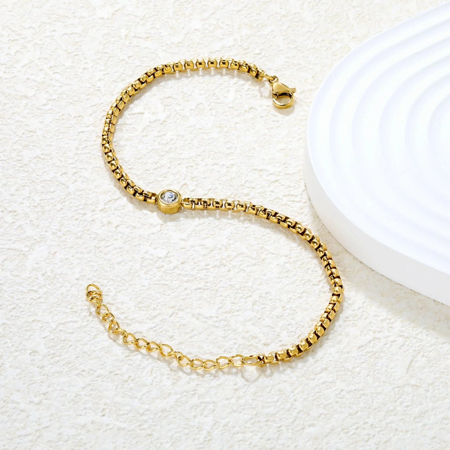 Gold Box Chain Crystal Solitaire Bracelet
