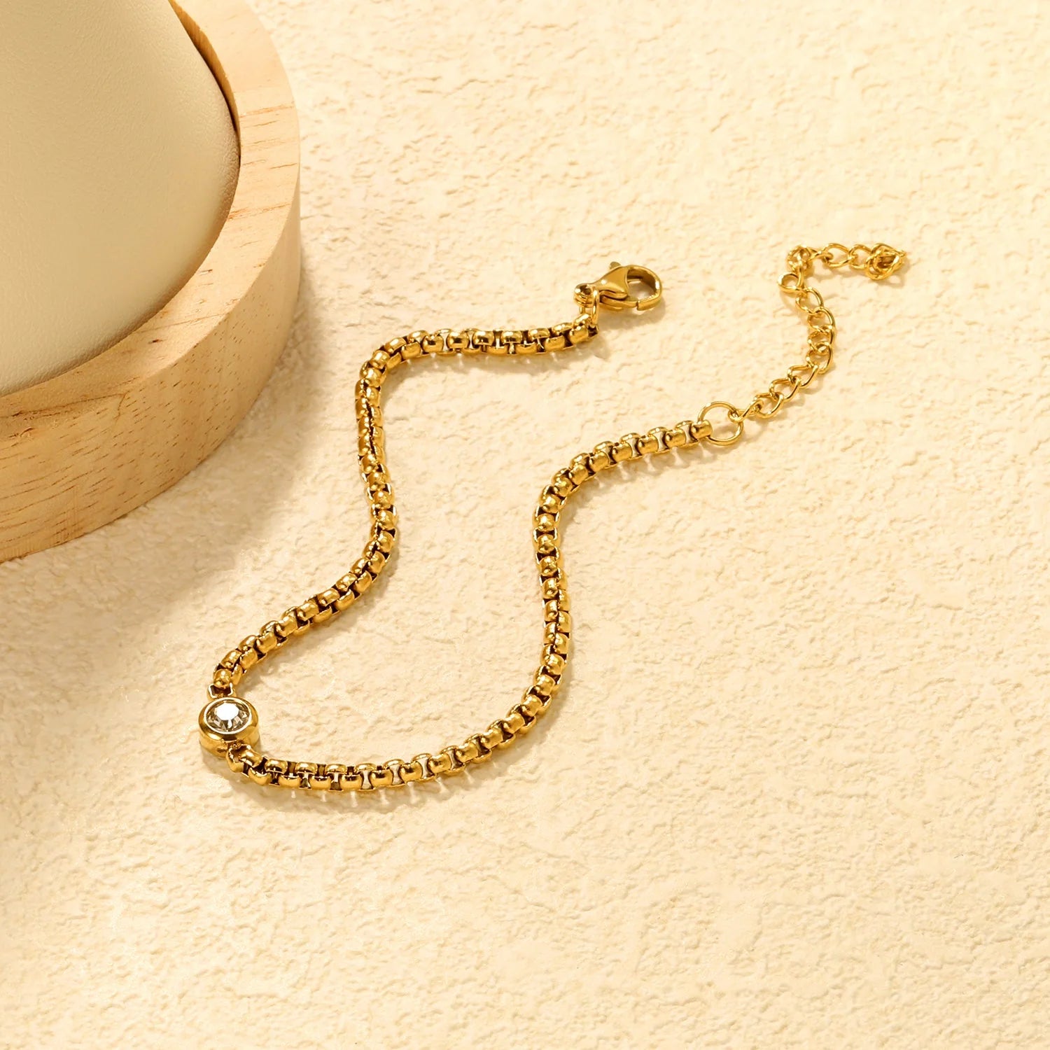 Gold Box Chain Crystal Solitaire Bracelet