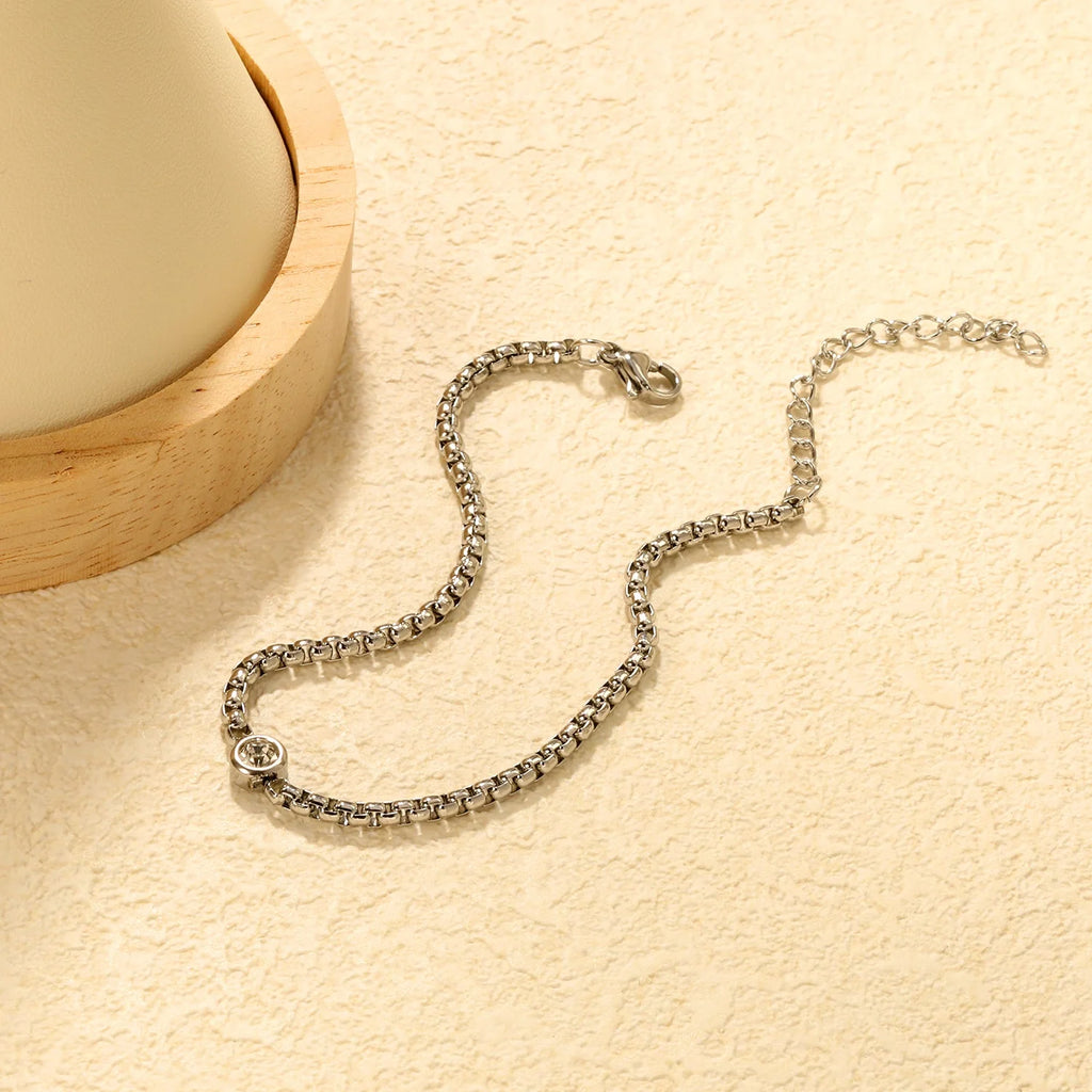 Silver Box Chain Crystal Solitaire Bracelet