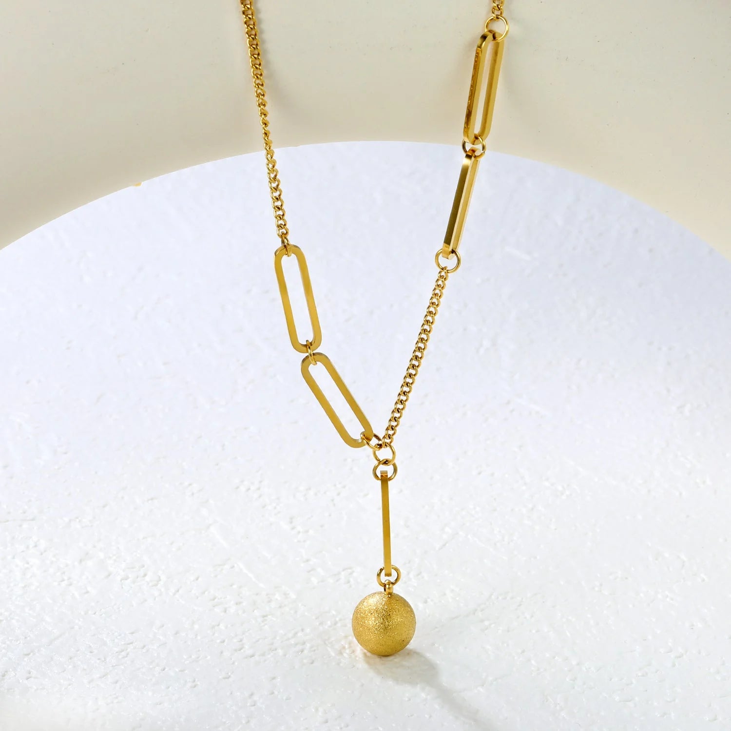 Paperclip & Curb Chain Lariat Matte Ball Necklace