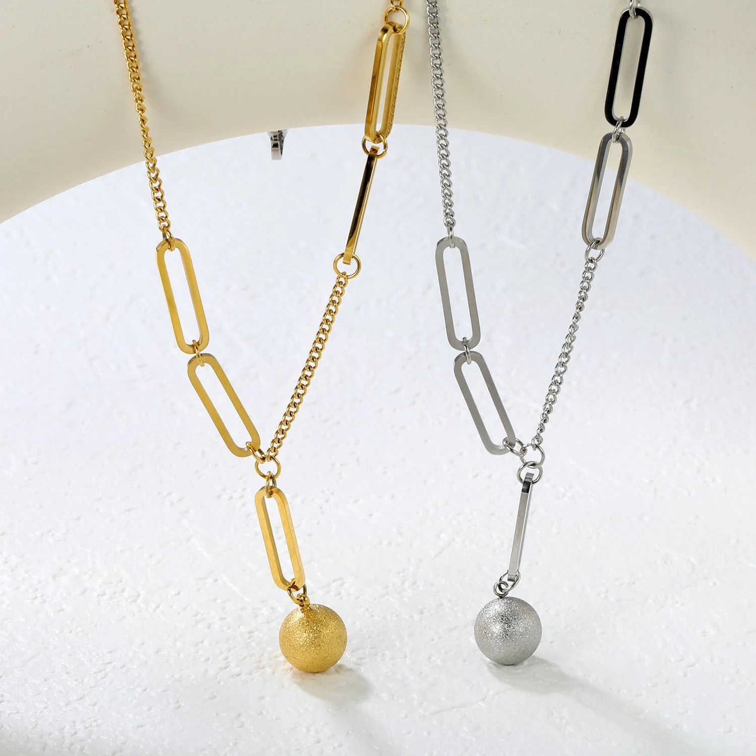 Paperclip & Curb Chain Lariat Matte Ball Necklace