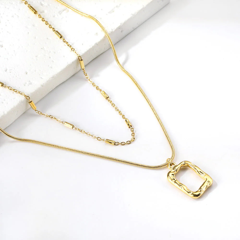 Hammered Rectangle Double Layer Necklace