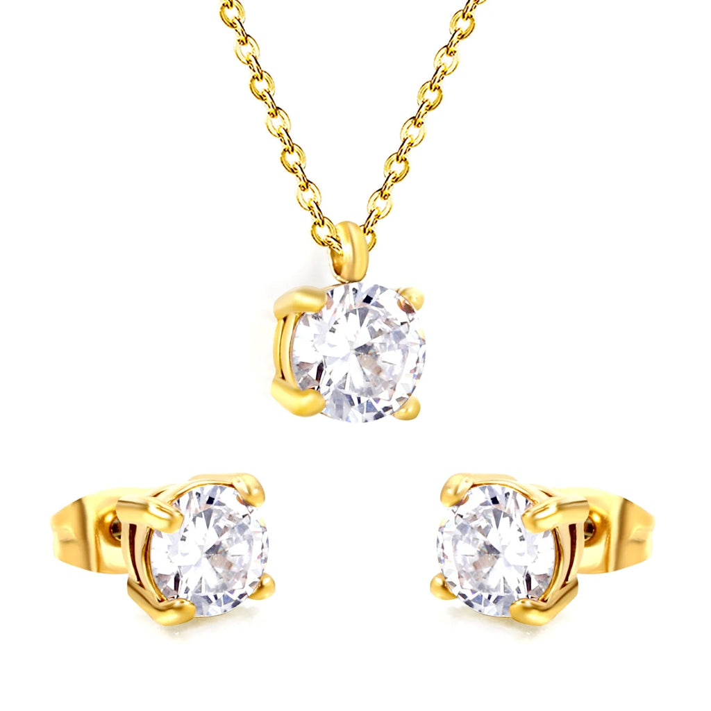 Round Solitaire Crystal Gold Jewellery Set