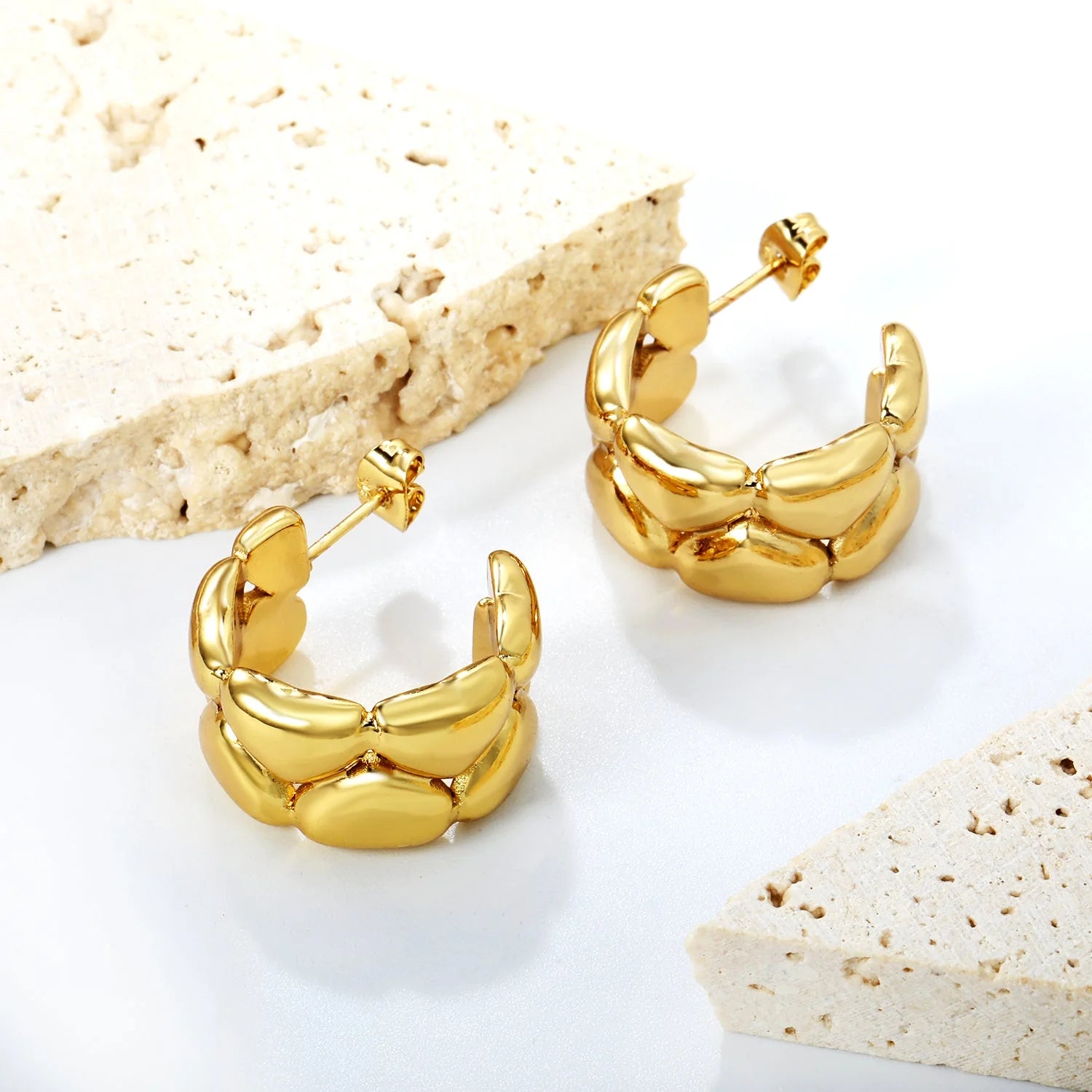 Gold Puffy Link Hoop Earrings