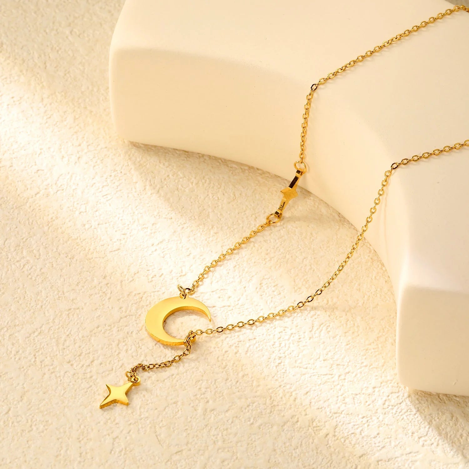 Moon & Star Lariat Cable Chain Necklace