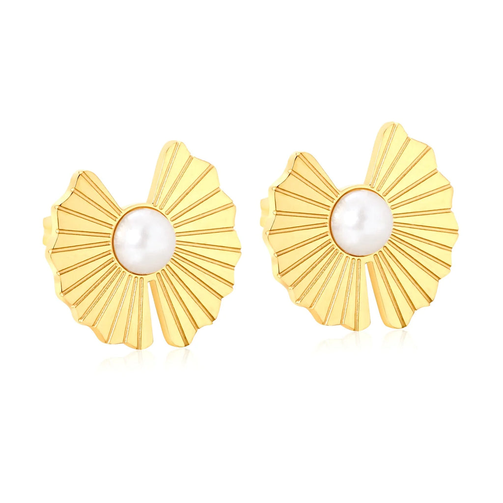 Gold Sunburst Pearl Stud Earrings