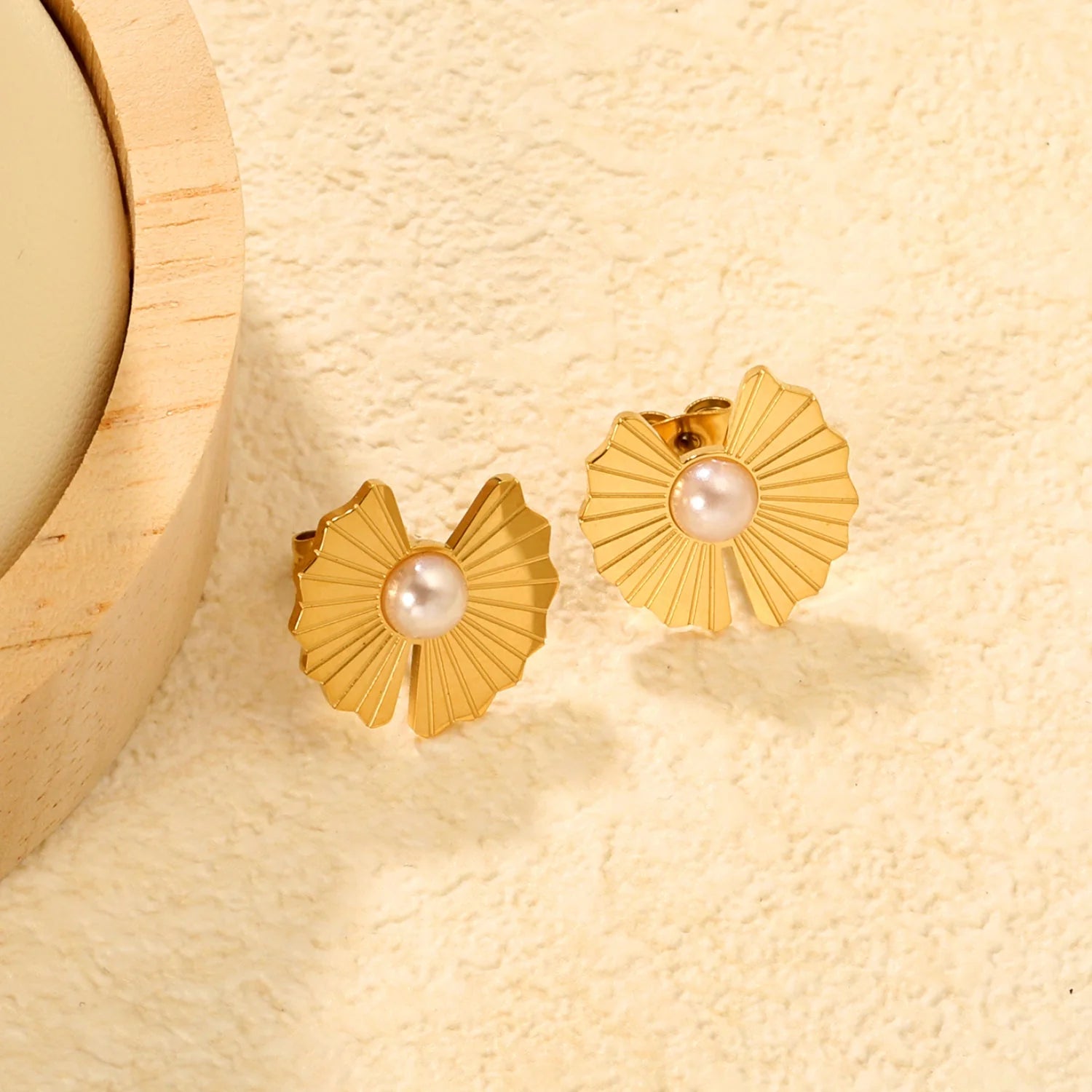 Gold Sunburst Pearl Stud Earrings