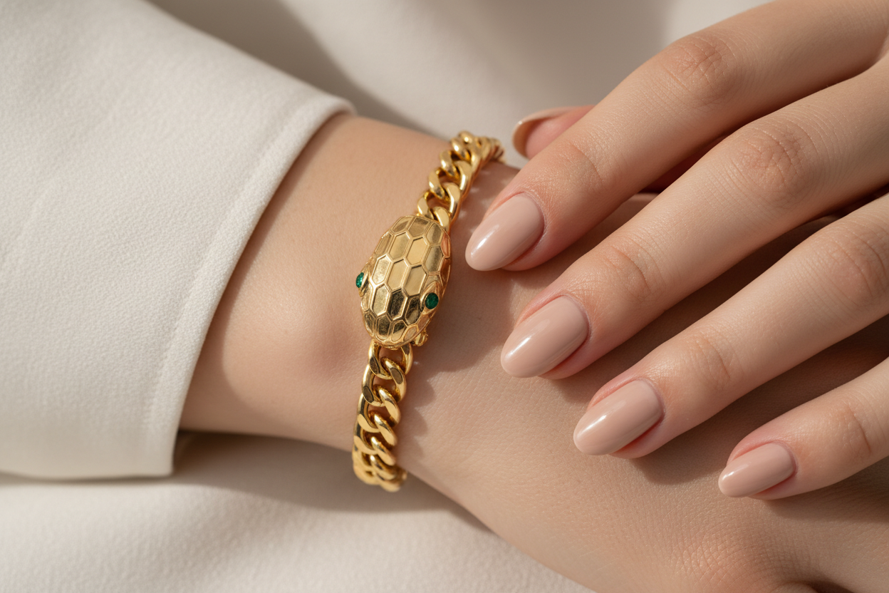 Snake Head Curb Chain Bracelet worn on model's wrist