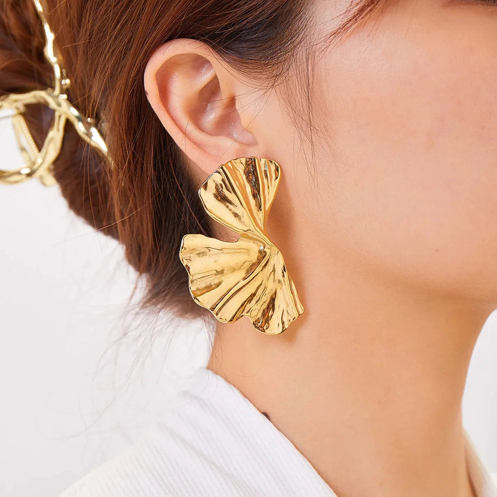 Gold Ginkgo Leaf Statement Stud Earrings
